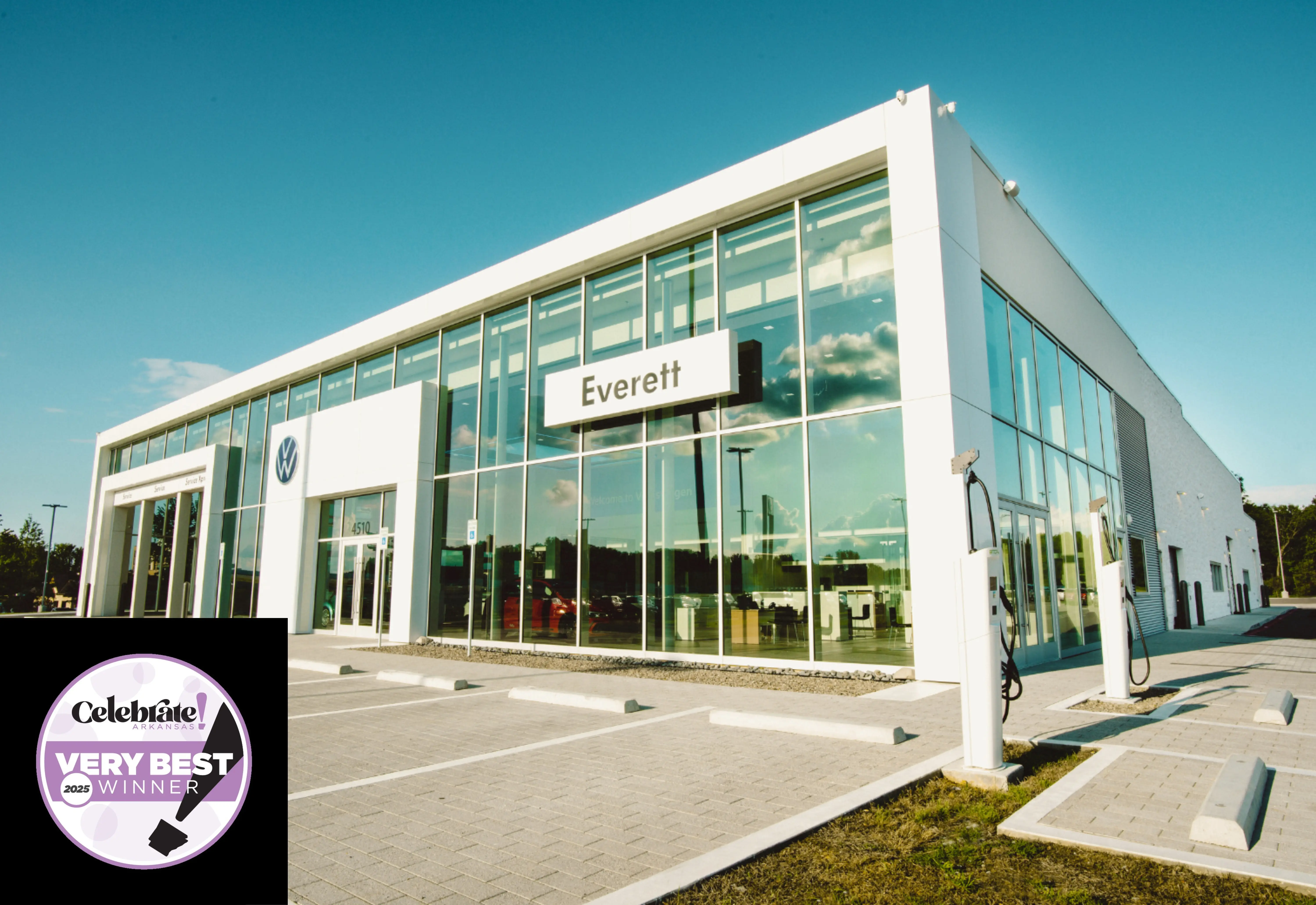 Everett Volkswagen dealership building with Celebrate Arkansas Best of 2025 award banner